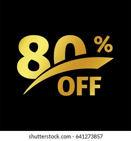 Black banner discount purchase 80 percent sale vector gold logo on a black background. Promotional business offer for buyers logotype. Eighty percentage off, discounts in the strict style coupon