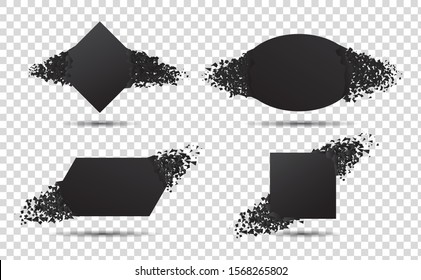 Black banner with explosion particles. Concept of broken card with debris. 3d burst effect. Square and circle shape explode isolated. Set destruction banners for sale. Template tag. vector background