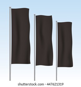 Black banner flag vector templates. Perspective row of vertical flags. Advertising flags realistic mockup.