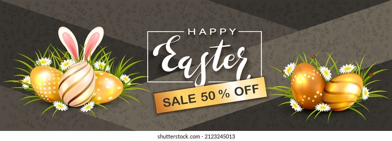 Banner negro con estampado floral. Huevos de Pascua Dorada con orejas de conejo en la hierba. Dejar feliz pascua y venta. Ilustración con conejito se puede usar para diseño de vacaciones, banners, tarjetas de felicitación.