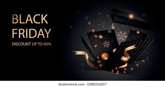 Black banner gift. Discounts, sales and promotions. Special offer for regular customers. Marketing and advertising on Internet. Landing page design. Realistic 3D vector illustration