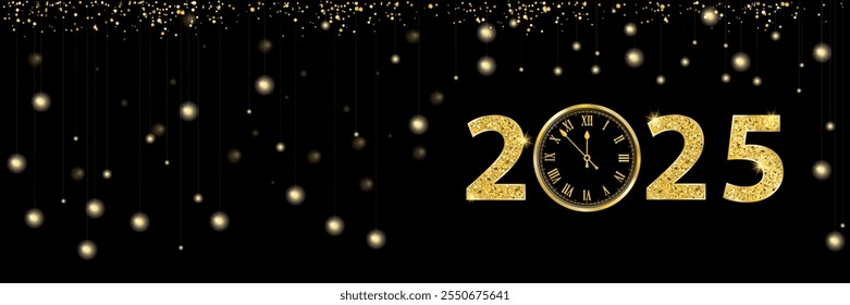 Black banner with golden clock and text 2025.  Eps 10 vector file.