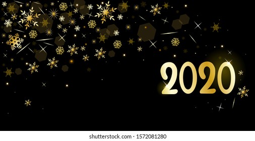 Black banner with golden snowflakes 2020. Vector graphic.