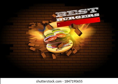 Black banner with a hamburger smashing a brick wall on a black background. Vector banner