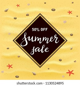 Black banner with lettering Summer Sale on the sand background. Starfish and seashells on the sandy beach,  illustration.