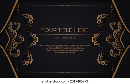 Black banner with luxury gold ornaments for your design. Vector design of invitation card with vintage patterns.