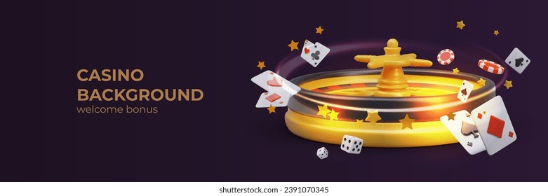 Black banner online casino, concept welcome bonus. Big win. Realistic golden roulette spins, cards, cubes, chips, and stars fly away. Motion effect. Live game, real bets