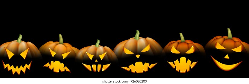 Black banner with orange luminous halloween pumpkins. Vector illustration.