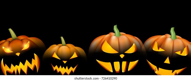Black banner with orange luminous halloween pumpkins. Vector illustration.