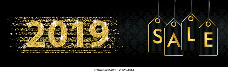 Black banner with price stickers with the text Sale and 2019.. Eps 10 vector file.