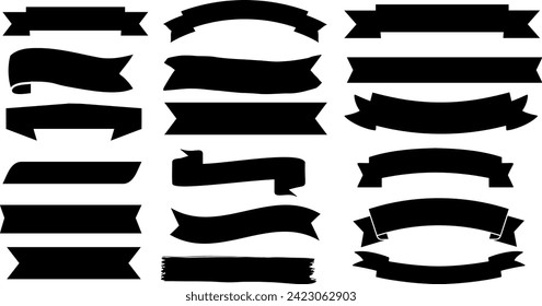 Black banner, ribbon silhouette vector set. Perfect for title, decoration, design. Editable, customizable. Bold shapes, modern to vintage styles. Straight edged, curved, waved designs
