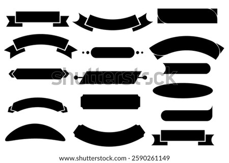Black banner, ribbon silhouette vector set. Perfect for title, decoration, design. Editable, customizable. Bold shapes, modern to vintage styles. 