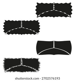 Formas de faixa preta. Formulários de rótulo distorcidos. Elementos de design abstratos. Objetos com estilo vetorial.