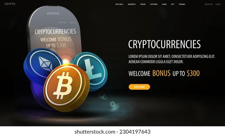 Black banner with smartphone, offer and 3D cryptocurrency coins around. Cryptocurrency invitation banner