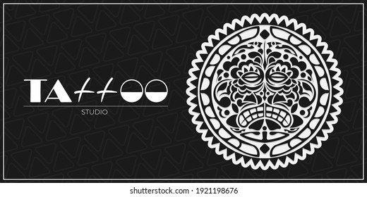 Black banner studio tattoo. Ethnic Maori tribal mask. Polynesian face patterns. Vector 