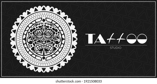Black banner studio tattoo. Ethnic Maori tribal mask. Polynesian face patterns. Vector illustration.