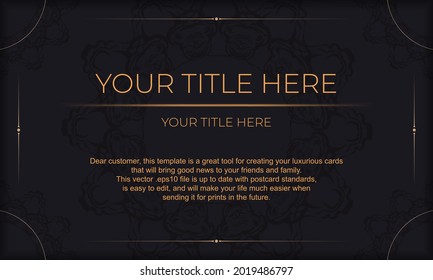 Black banner template with luxury gold ornaments and place for your text. Print-ready invitation design with vintage ornaments.
