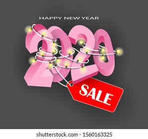 Black banner with volumetric figures, garlands and a red price tag for the New year. Vector banner