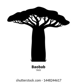 Black baobab tree silhouette. Vector illustration isolated on white background. Baobab logo icon.