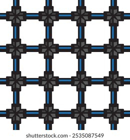 Black bar with blue stripe and four prong connector grid vector square seamless pattern or texture.