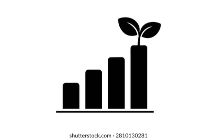Black bar chart icon with a growing plant leaf sprout