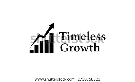 Black bar graph with upward arrow and text Timeless Growth