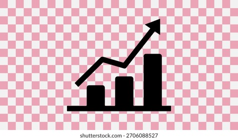 Gráfico de barras negras con una flecha de tendencia ascendente sobre un fondo a cuadros rosa y blanco, que simboliza el crecimiento y el éxito.