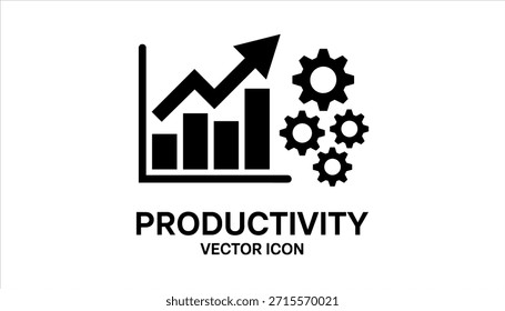 Black of a bar graph with upward trending arrow and four interlocking gears on white background