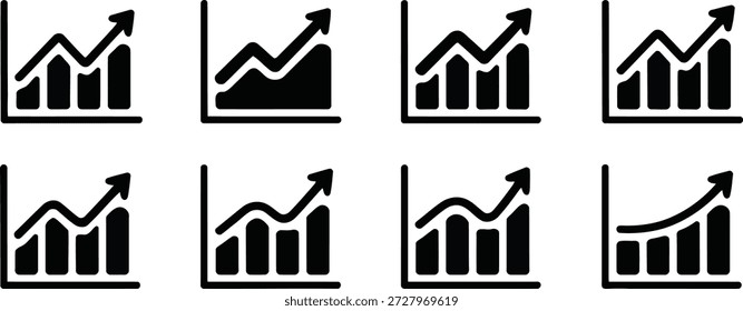 Ícone de gráfico de barras e linhas pretas representando condições de mercado flutuantes, mas positivas, e crescimento dos negócios com uma linha ondulada.