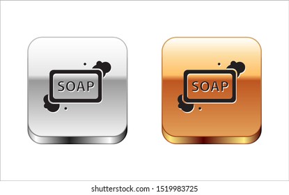 Black Bar of soap with foam icon isolated on white background. Soap bar with bubbles. Silver-gold square button. Vector Illustration