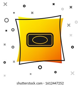 Black Bar of soap with foam icon isolated on white background. Soap bar with bubbles. Yellow square button. Vector Illustration
