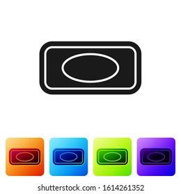 Black Bar of soap with foam icon isolated on white background. Soap bar with bubbles. Set icons in color square buttons. Vector Illustration