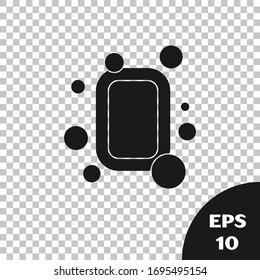 Icono de la barra negra del jabón aislado en fondo transparente. Jabón con burbujas. Ilustración vectorial