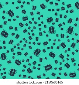 Black Bar of soap icon isolated seamless pattern on green background. Soap bar with bubbles.  Vector