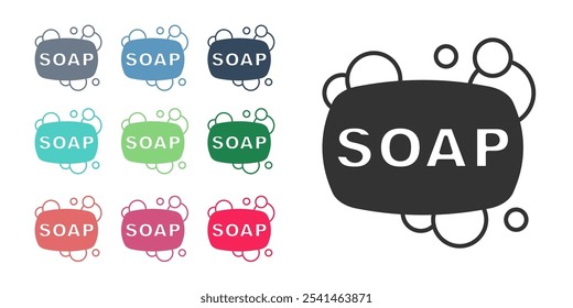 Barra negra del icono del jabón aislado en el fondo blanco. Barra de jabón con burbujas. Establecer iconos coloridos. Vector
