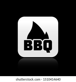 Black Barbecue fire flame icon isolated on black background. Heat symbol. BBQ grill party. Silver square button. Vector Illustration