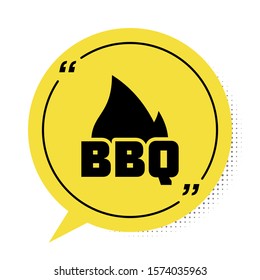 Black Barbecue fire flame icon isolated on white background. Heat symbol. BBQ grill party. Yellow speech bubble symbol. Vector Illustration