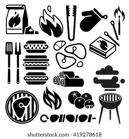 Black barbecue, food flyer, BBQ vector icons. Food bbq grill and meat steak cook. Cooking bbq lunch with beef on fire illustration