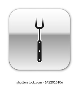 Black Barbecue fork icon isolated on white background. BBQ fork sign. Barbecue and grill tool. Silver square button. Vector Illustration