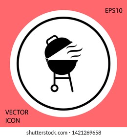 Black Barbecue grill icon isolated on red background. BBQ grill party. White circle button. Vector Illustration