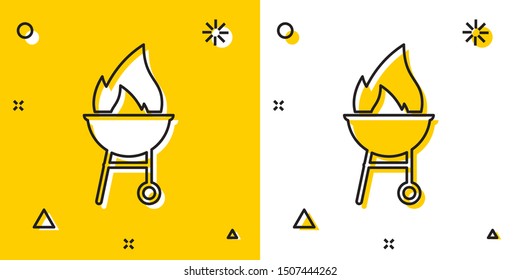 Black Barbecue grill icon isolated on yellow and white background. BBQ grill party. Random dynamic shapes. Vector Illustration
