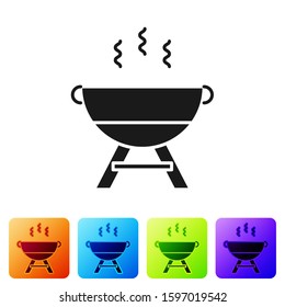 Black Barbecue grill icon isolated on white background. BBQ grill party. Set icons in color square buttons. Vector Illustration