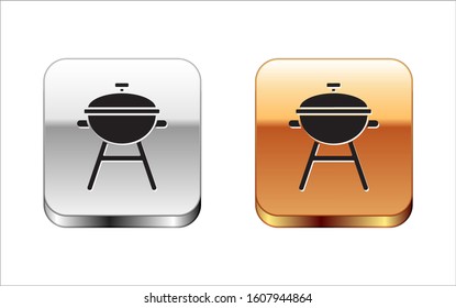 Black Barbecue grill icon isolated on white background. BBQ grill party. Silver-gold square button. Vector Illustration