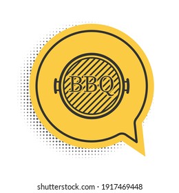 Black Barbecue grill icon isolated on white background. Top view of BBQ grill. Yellow speech bubble symbol. Vector.