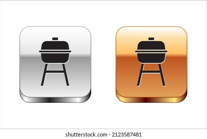 Black Barbecue grill icon isolated on white background. BBQ grill party. Silver and gold square buttons. Vector