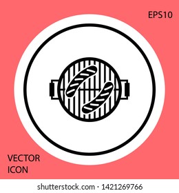 Black Barbecue grill with sausage icon isolated on red background. BBQ grill party. White circle button. Vector Illustration