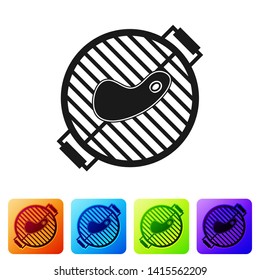 Black Barbecue grill with steak icon isolated on white background. BBQ grill party. Set icon in color square buttons. Vector Illustration