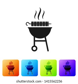 Black Barbecue grilled shish kebab on skewer stick icon isolated on white background. BBQ meat kebab on skewer stick. Picnic with grill meat. Set icon in color square buttons. Vector Illustration