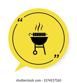 Black Barbecue grilled shish kebab on skewer stick icon isolated on white background. BBQ meat kebab on skewer stick. Picnic with grill meat. Yellow speech bubble symbol. Vector Illustration