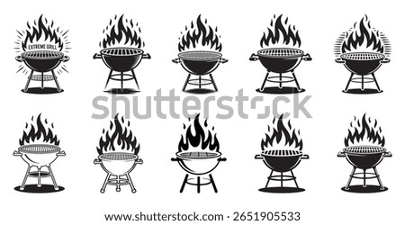 Black barbecue grills with flames fire cooking